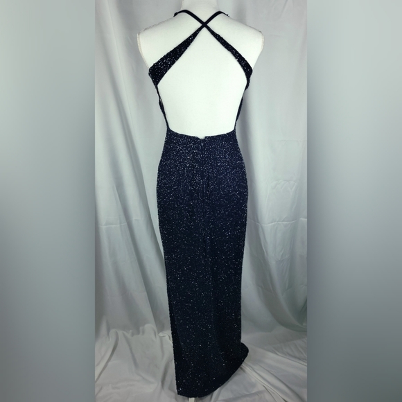 Beaded Floor Length Formal Dress | 1990s Vintage Jump Apparel | Size 3/4 | Blue - Picture 2 of 6